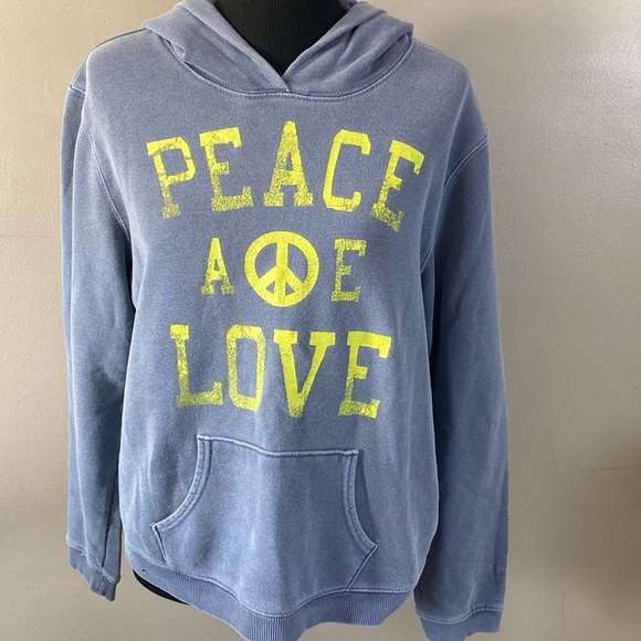 American Eagle Almost Vintage Hoodie Denim Blue Neon Yellow Print Sz XL - Picture 1 of 7